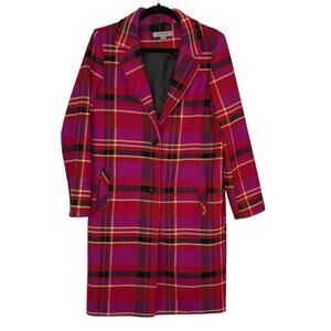 Basement Long Over Coat Wool Blend Retro 90s Plaid Colorful Size S Pink